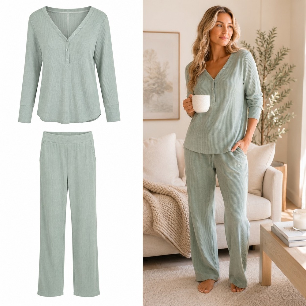 Soma Pajamas Set L Green Waffle Knit Henley Thermal Top Pants Lounge Sleepwear